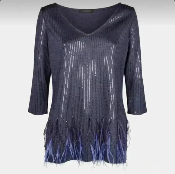 St. John Embellished Feather Sequin V-neck 3/4 sleeve Blouse Small Wool Blend - Picture 2 of 16